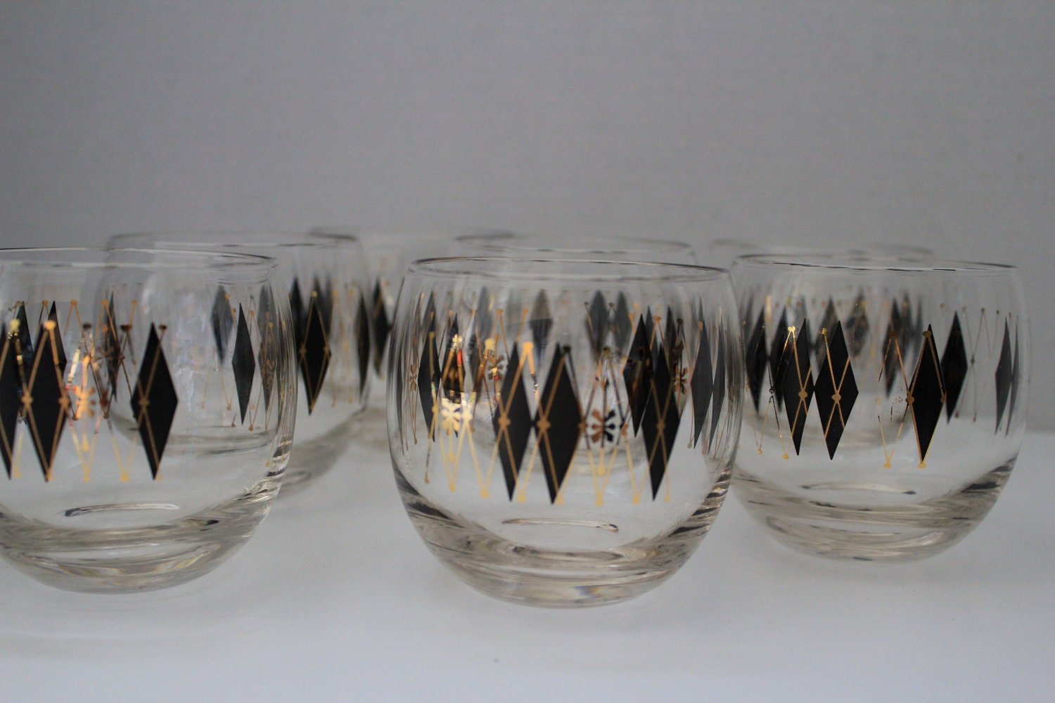 Atomic Mid Century Modern Black and Gold Diamond Roly Poly Set of Seven Glasses - Very Mad Men