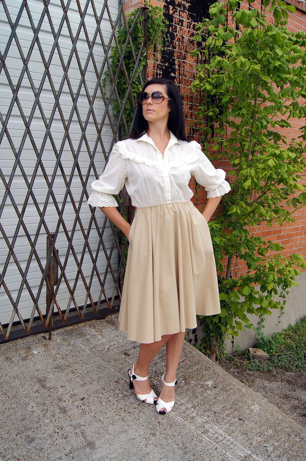 Vintage Boho Dress with Pockets - Cream Top & Tan Full Skirt