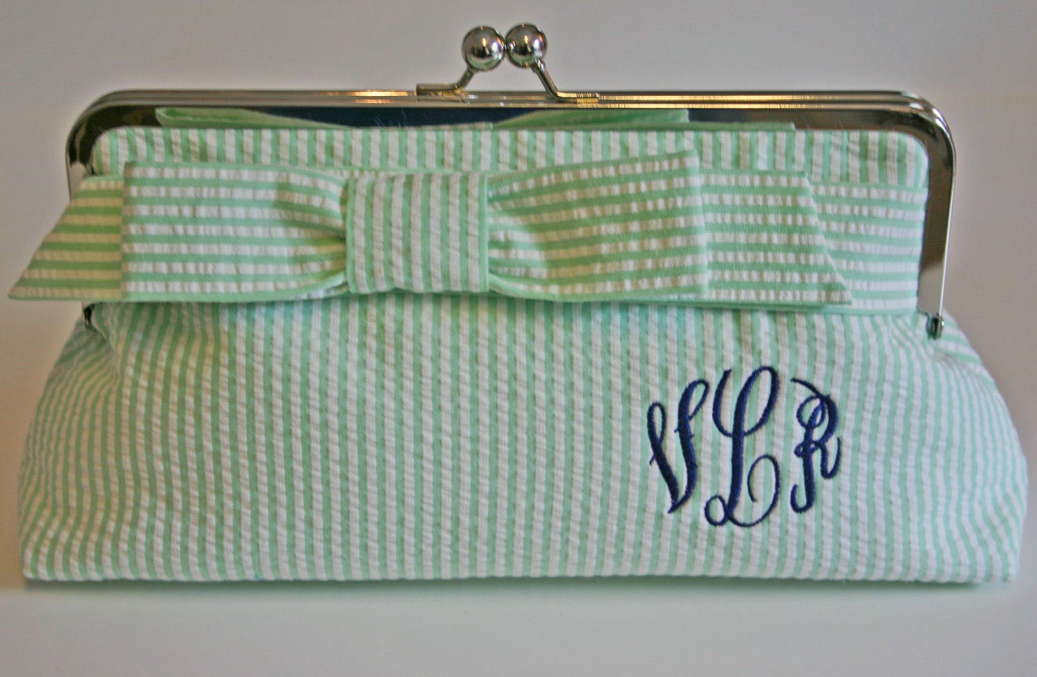 Monogrammed Seersucker Clutch - Large Wrap Bow, Bridesmaids Gift