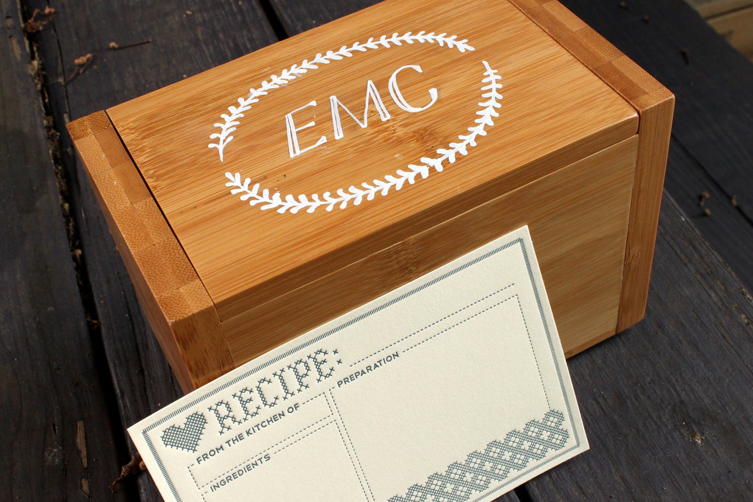 Monogram Bamboo Recipe Box with Letterpress Recipe Cards