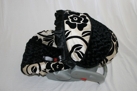 Reserved for Jamie- Dior Black Cream Fabric with Satin Black Ruffle Infant car seat cover - Custom order