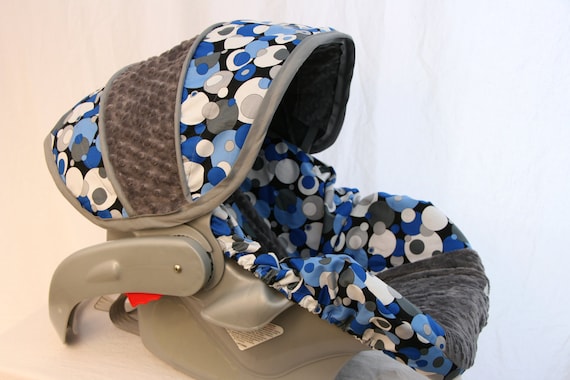 Blue Gray Dots fabric with gray minky- Infant car seat cover- Custom Order