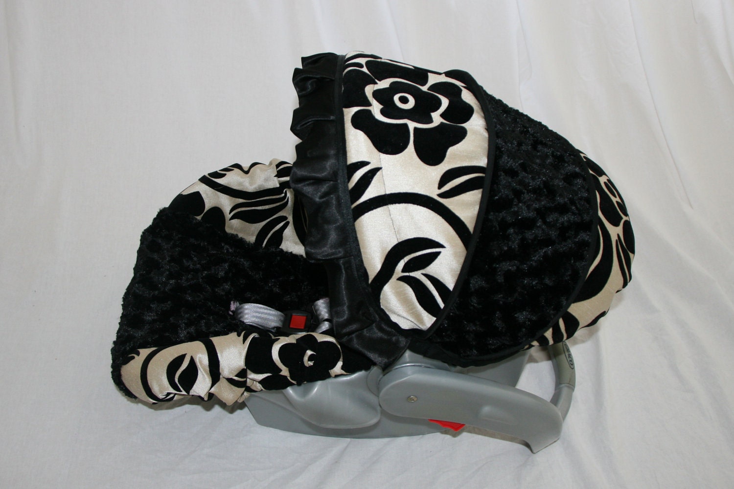 Reserved for Jamie- Dior Black Cream Fabric with Satin Black Ruffle Infant car seat cover - Custom order