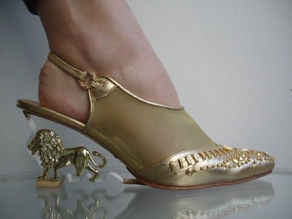 80s clear lucite wedge gold lion heels