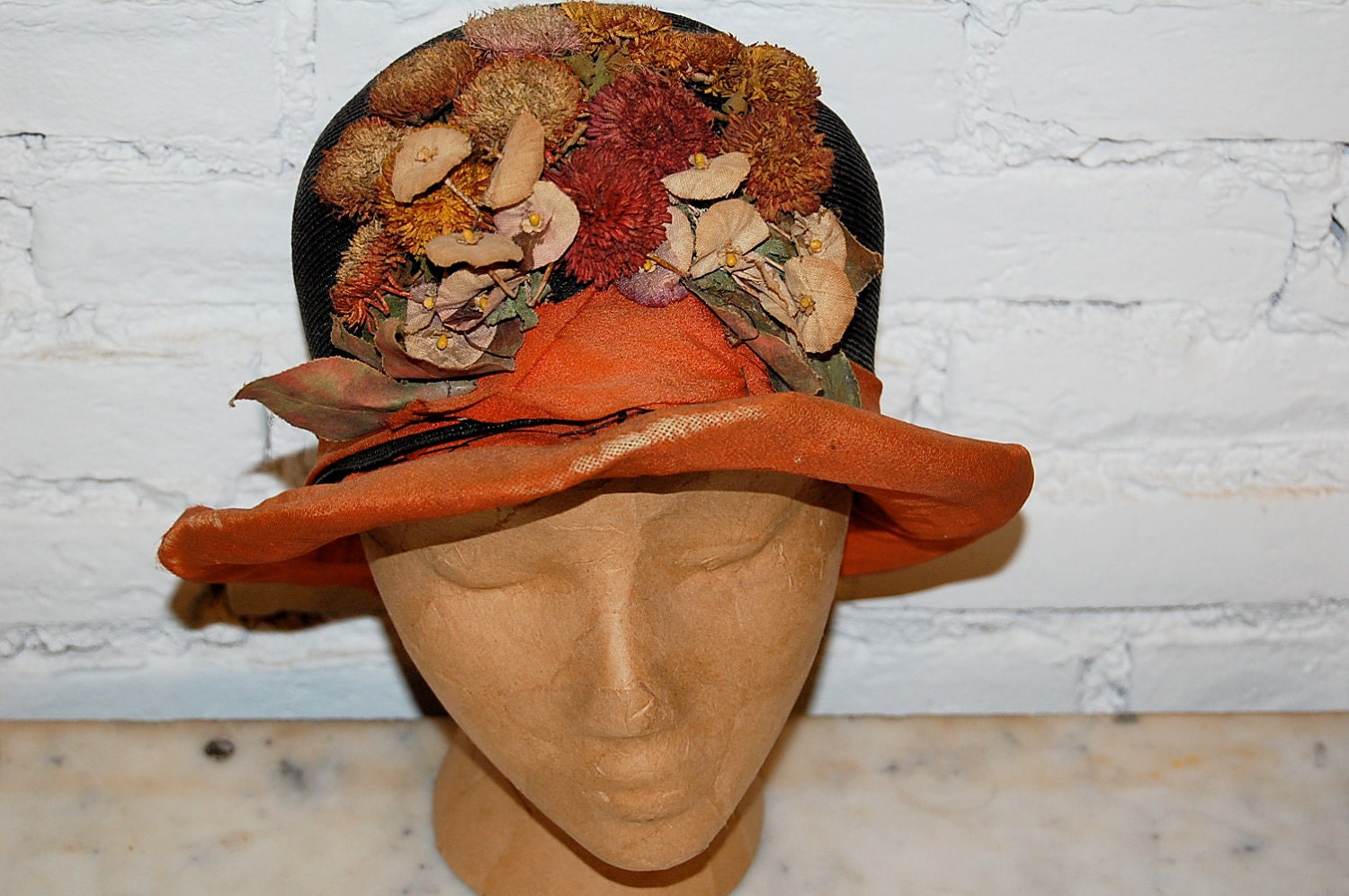 1920's Rust Orange and Midnight Blue Paper Flower Hat