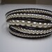 Great Chan Luu inspired 5 wrap swarovski pearl bracelet with 3 different sizes of pearls and black leather and silver heart button