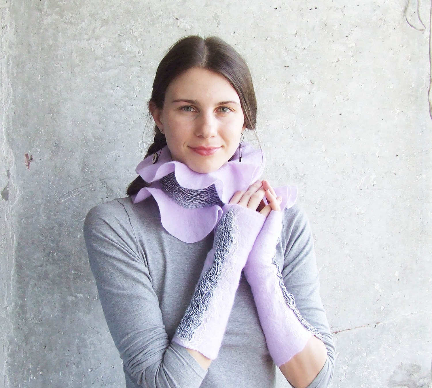 Winter sale. Wool scarf lavender felt collar denim OOAK ruffle grey winter fashion