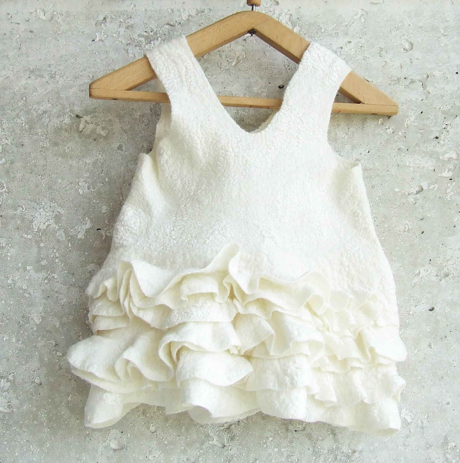 White baby dress felted ivory wool ruffles eco friendly soft for birthday weddings party OOAK gift idea little Valentine day