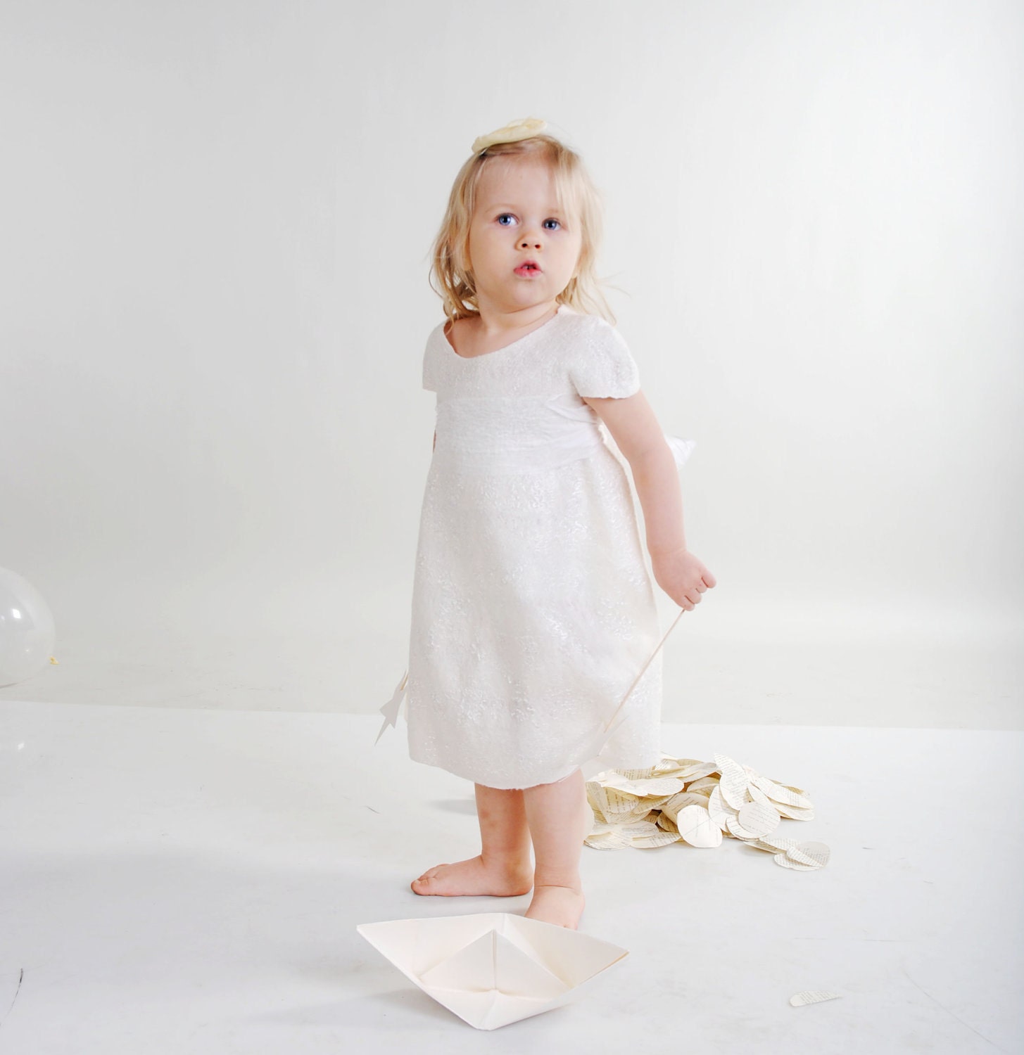 White dress for flower girl with silk bow felted baby girl dress eco friendly soft 2 year 2T oht gift idea for birthday