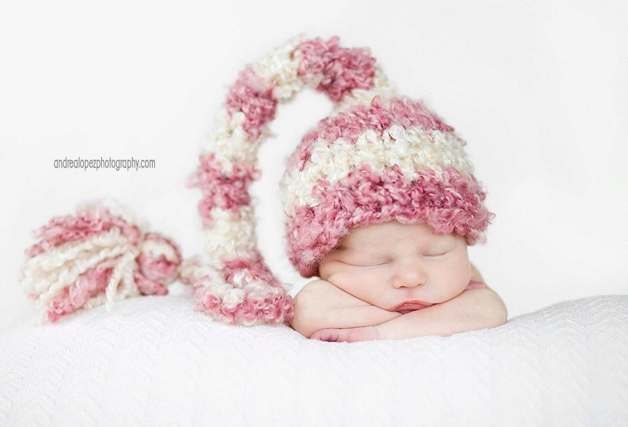 PDF Instant Download Crochet Pattern No 214 Striped Elf Hat with the Tassel Photography Prop Sizes preemie, newborn, 0-3, 3-6 months