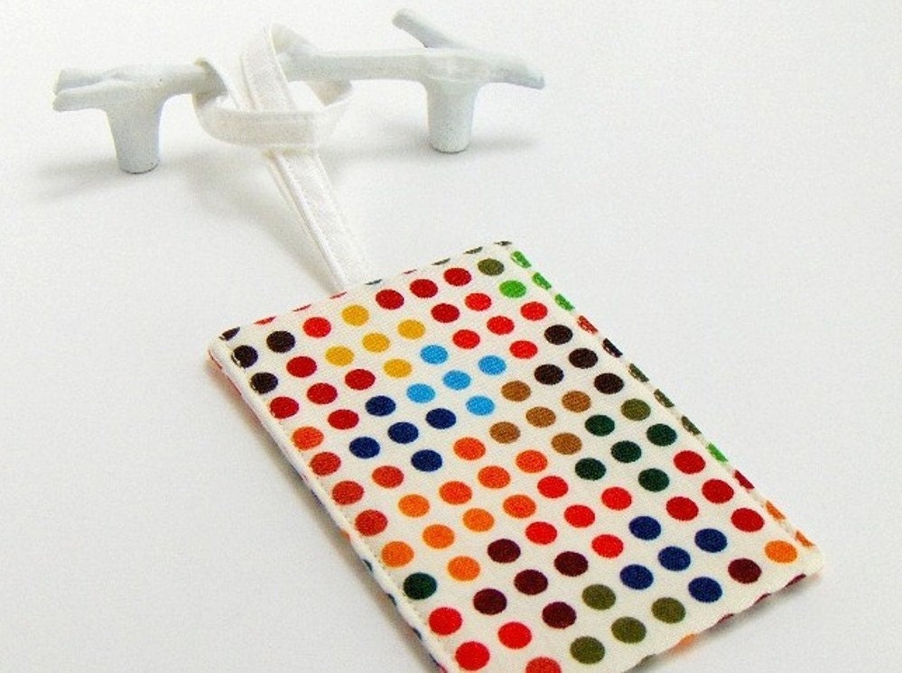 Luggage Tag in Rainbow Polka Dots Fabric