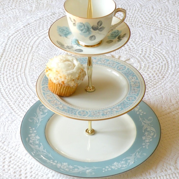Alice Draws Blue Roses 3-Tier Cupcake Stand of Vintage China for Garden Tea Party, a Something Blue Wedding or Birthday Dessert Pedestal Display