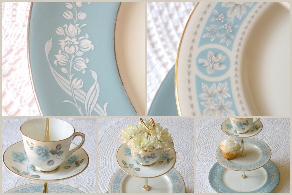 Alice Draws Blue Roses 3-Tier Cupcake Stand of Vintage China for Garden Tea Party, a Something Blue Wedding or Birthday Dessert Pedestal Display