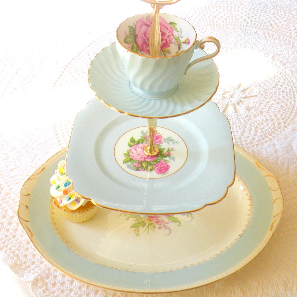 SALE Alice Loves Sky Blue, Cupcake Stand & Cake Tray Platter in 3 Tiers for Wedding, Tea Party or Birthday Sweets