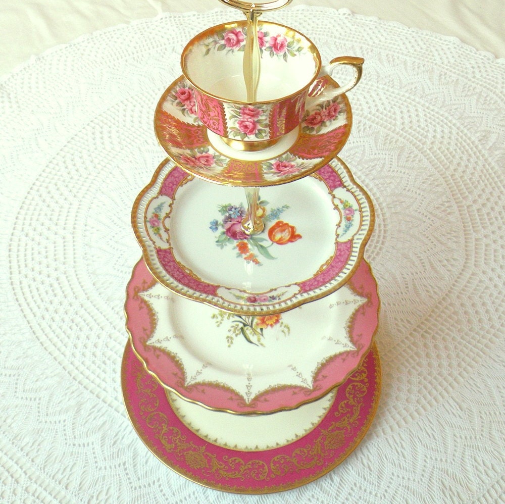 Alice Turns Pink, Large 4 Tier Gold & Raspberry Tea Stand of Vintage China for Wedding Cupcakes, Shower Dessert Display or Birthday Party