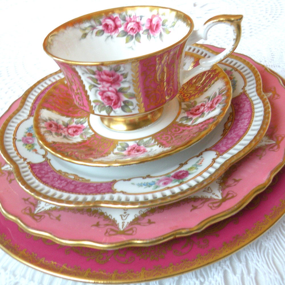Alice Turns Pink, Large 4 Tier Gold & Raspberry Tea Stand of Vintage China for Wedding Cupcakes, Shower Dessert Display or Birthday Party