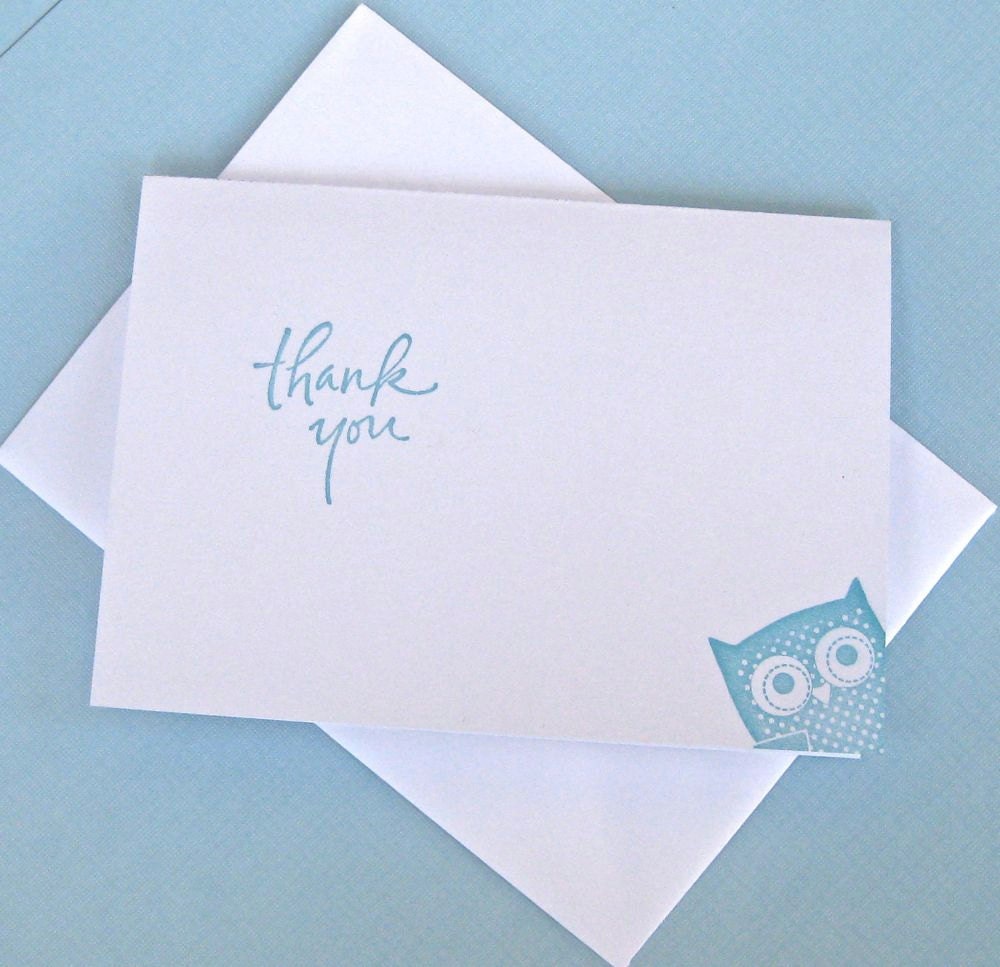 Peek - A - Whoo Owl Thank You Cards - Folded with Envelopes - 8 Cards with Envelopes -  Aqua Blue on White Card Stock - KnockOutPunches