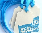 Peek - A - Whoo - Hand Stamped Peeking Owl Gift Tags - Set of 8 - Aqua Blue and Cream