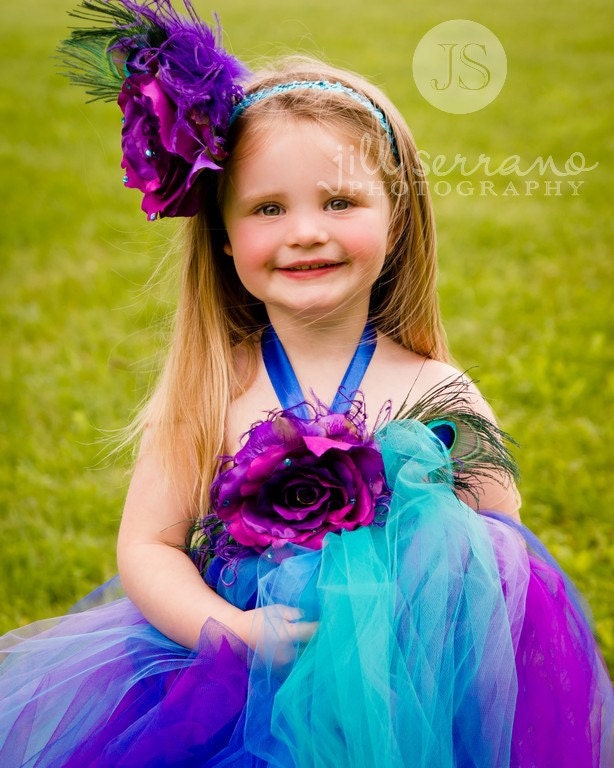 Snazzy Peacock Tutu Dress with matching rose hairbow......Great for Weddings,Birthdays,photo props and dress up