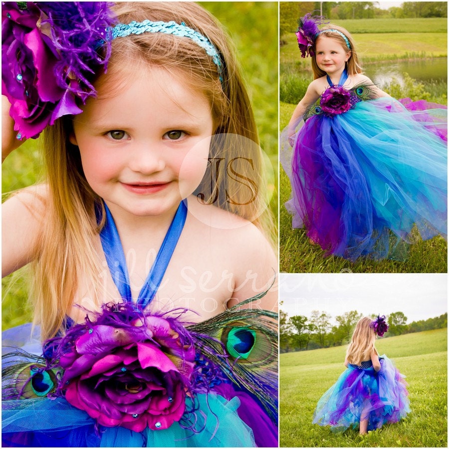 Snazzy Peacock Tutu Dress with matching rose hairbow......Great for Weddings,Birthdays,photo props and dress up