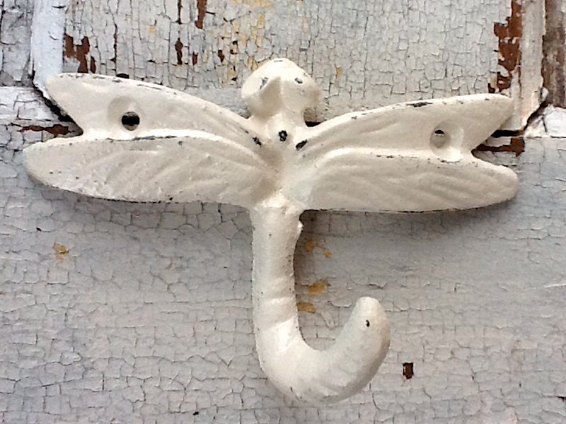 Dragonfly Wall Hook-Cast Iron in Shabby Chic Cream Distressed-Metal Wall Decor-  Retro Vintage - Baby Nursery-Winter-Spring Home Decor