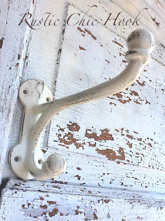 Ivory Wall Hook / Rustic Chic/Cast Iron/Barn Hook/ Metal Wall Decor /Distressed Shabby Chic Cream / Bathroom Fixture/Summer Home Decor