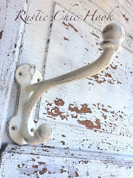 Ivory Wall Hook / Rustic Chic/Cast Iron/Barn Hook/ Metal Wall Decor /Distressed Shabby Chic Cream / Bathroom Fixture/Summer Home Decor