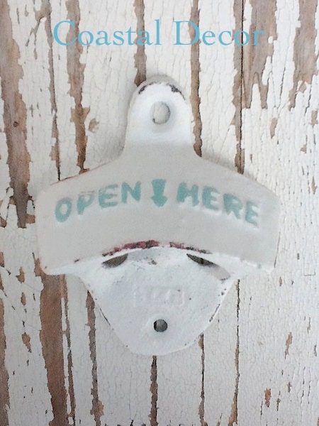 White Bottle Opener -White And Aqua - Cast Iron - Wedding Gift - Vintage Inspired -Retro Feel- Coastal Home Decor-Metal Wall Decor -Winter