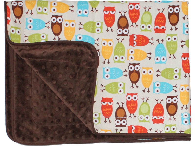 Boy Baby Blanket in  owls print on brown Dimple Dot Minky....Unique New Baby Gift - FREE Shipping