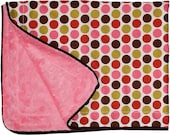 SALE - Baby Girl Blanket in pink and brown polka dot  print on pink Dimple Dot Minky....Unique New Baby Gift