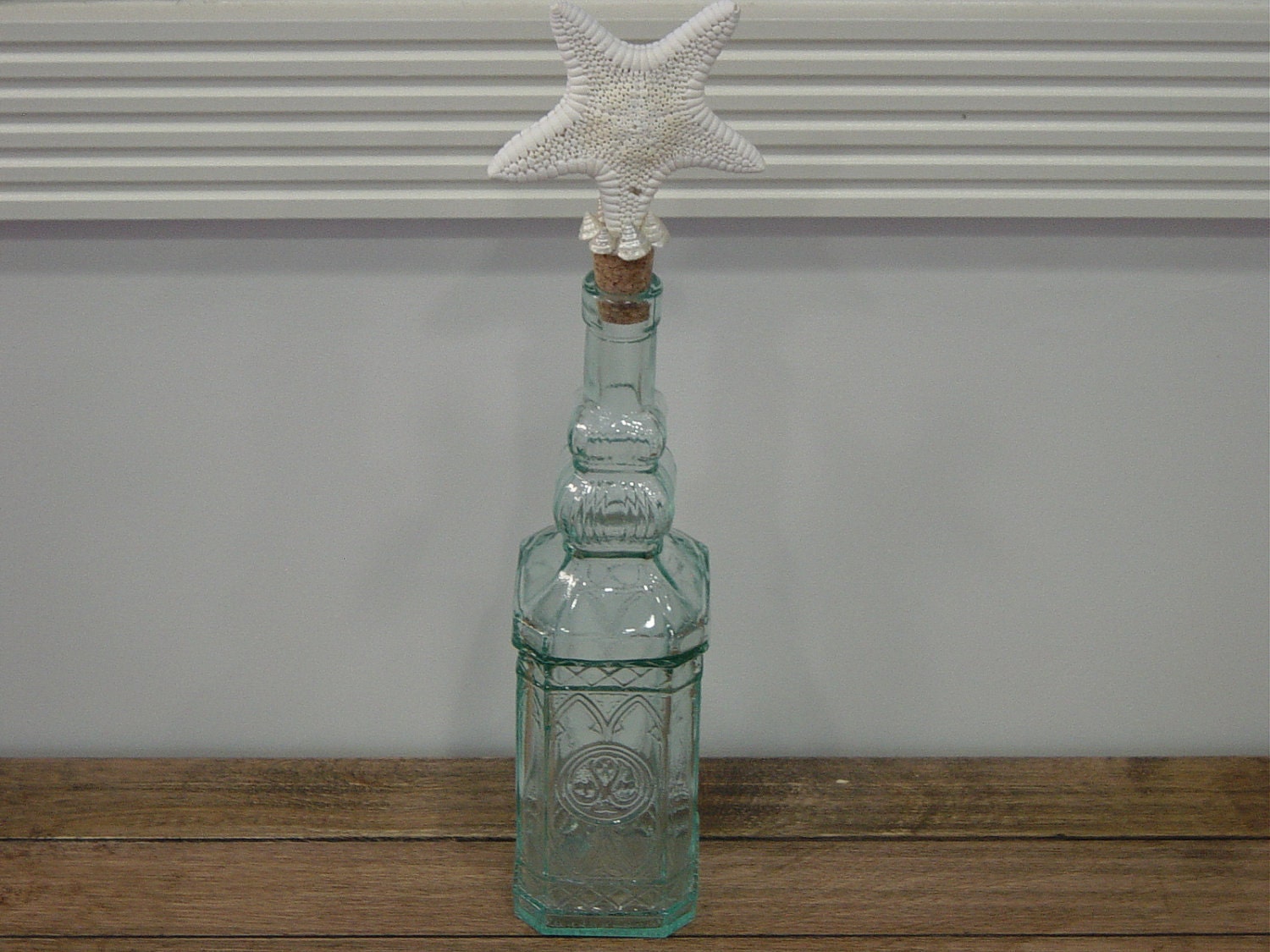 Beach Decor, Shell Decor, Shell Bottle, Spanish Glass Bottle - Starfish Topper