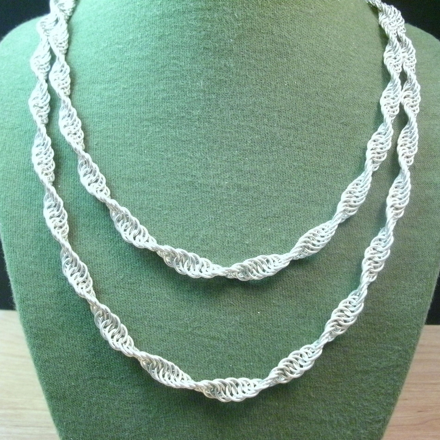 Spiral Sterling Silver Chainmaille Necklace - DNA Strand - Gothic Medieval - Renaissance - Long 36in/ 91.4cm