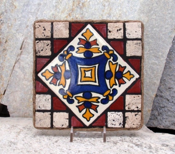 Rust/ Blue/ Yellow  Mexican Tile - Mosaic Trivet - Candle Plate