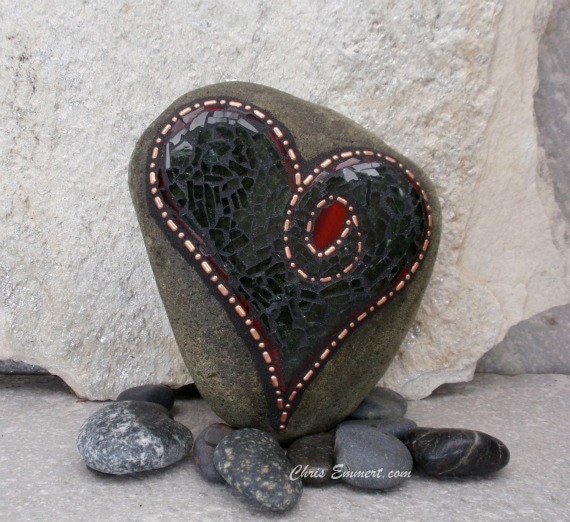 Heart Shaped Copper and Tempered Glass - Mosaic Rock Paperweight / Garden Stone