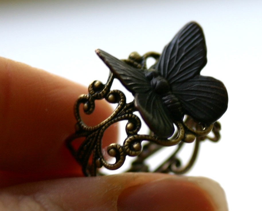 Butterfly Ring - Steampunk Black Goth Moth