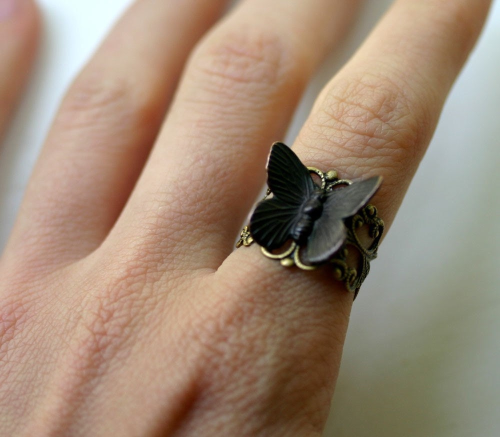 Butterfly Ring - Steampunk Black Goth Moth