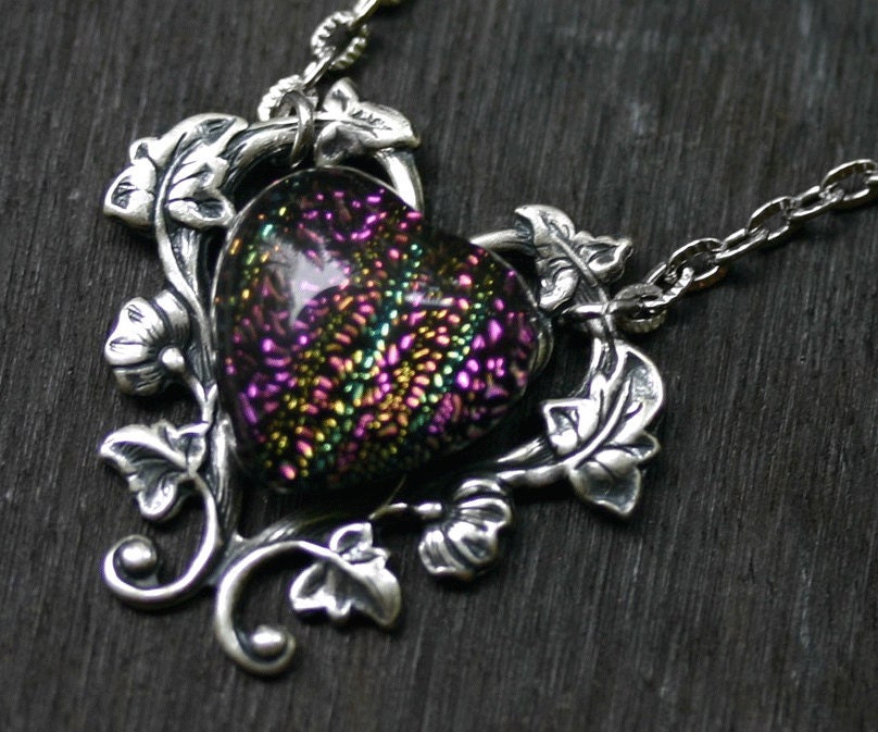Rainbow Necklace - Dichroic Glass Heart Cabochon and Silver Vine