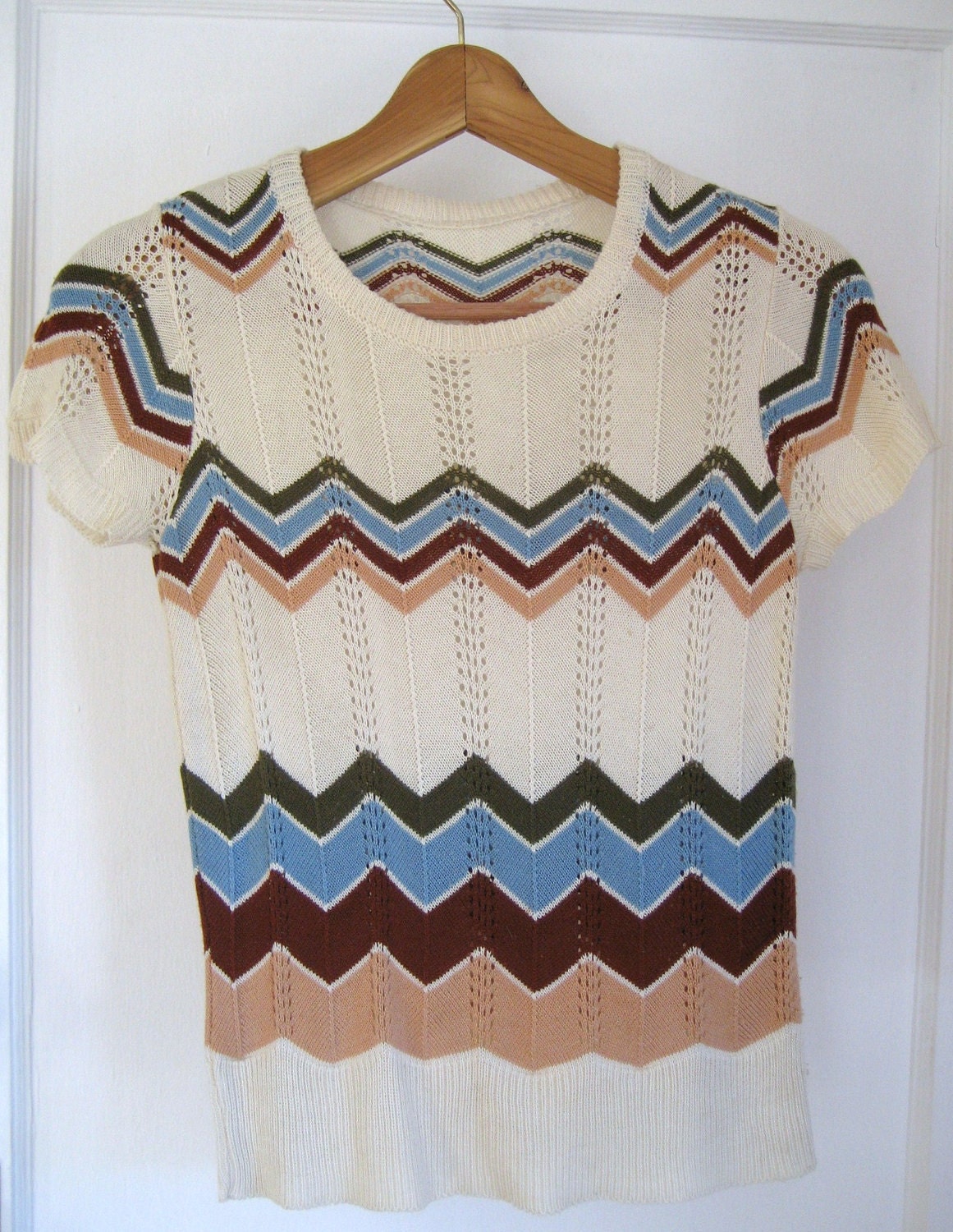 Vintage Pointelle Chevron Striped Short Sleeve Sweater Size Sm