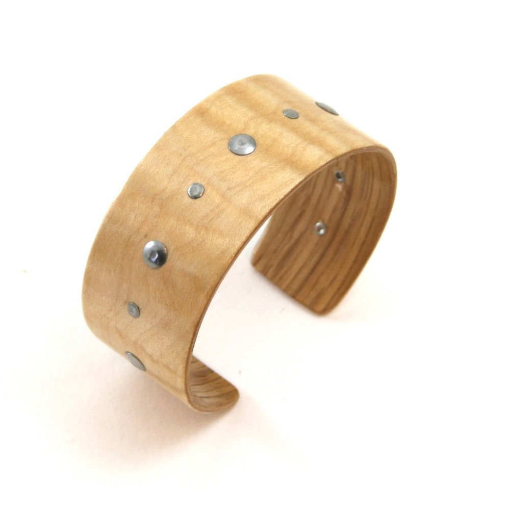 Tiger Maple Bracelet, Stainless Steel Rivets