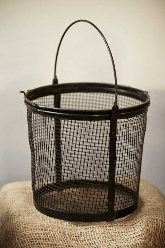 Vintage Black Metal Wire Basket with Handle by AloofNewfWhimsy