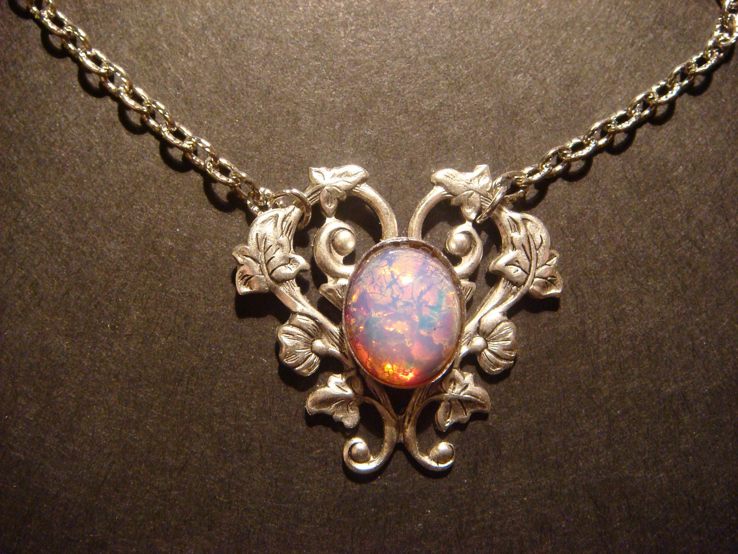 Fire Opal Heart Vine Necklace in Antique Silver (418)