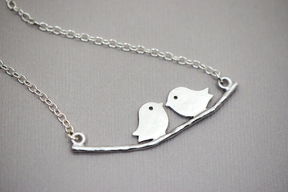 LOVEBIRDS Necklace in Sterling Silver - Kissing Love birds on a Branch Necklace, Couples, Husband and Wife, Anniversary Present