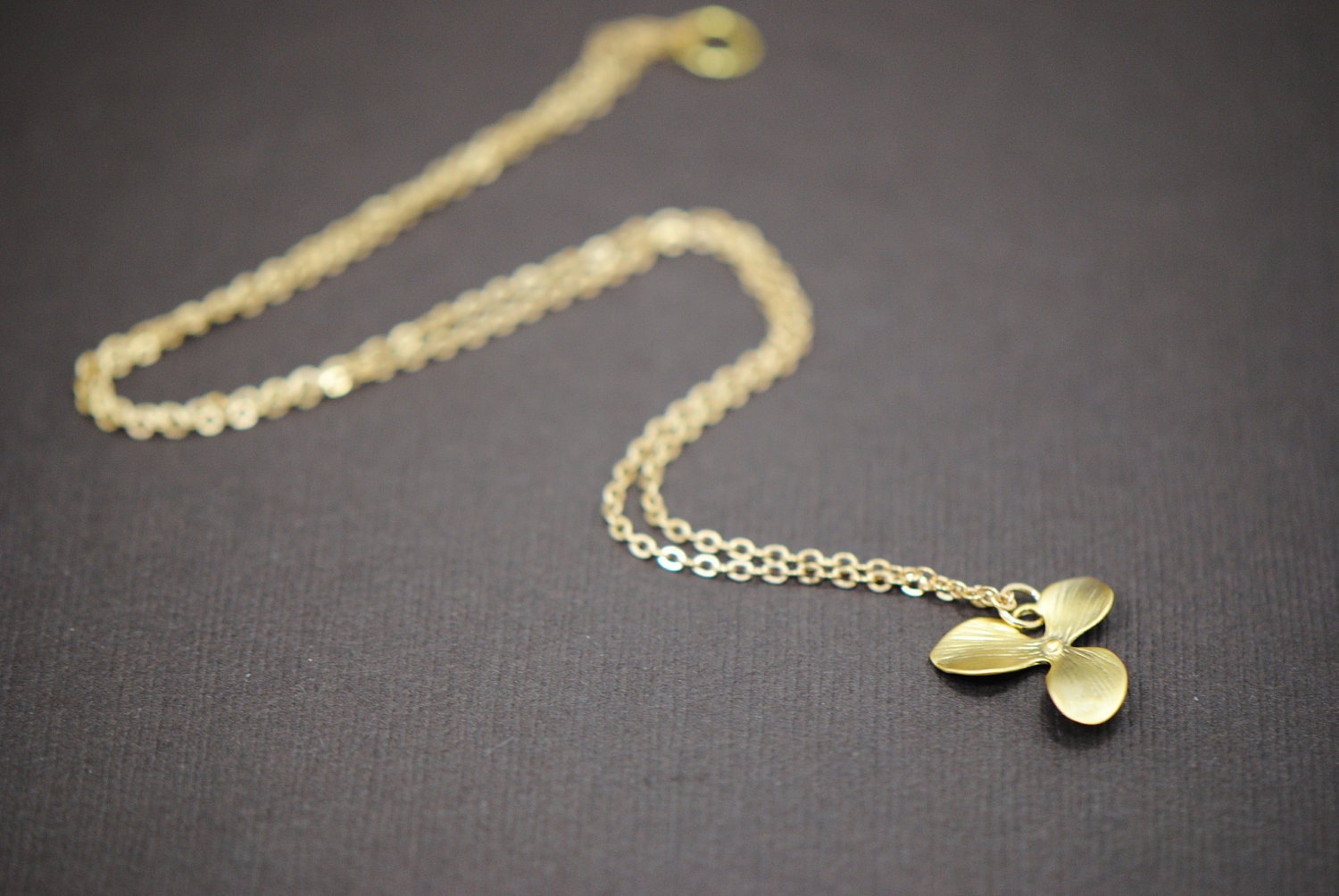 Single Orchid Necklace Gold- Triple Leaf Orchid Flower Necklace