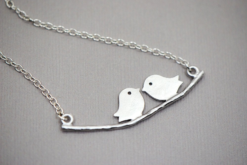 LOVEBIRDS Necklace in Sterling Silver - Kissing Love birds on a Branch Necklace, Couples, Husband and Wife, Anniversary Present