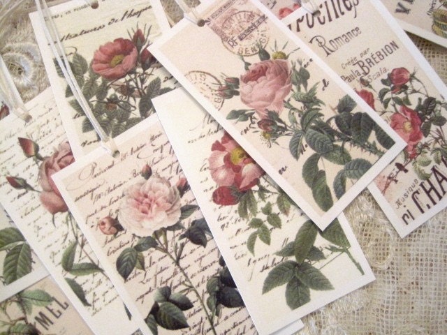 Shabby French Rose Gift Tags no 21b - Botanicals - Illustration - Vintage Script - Sheet Music - All Occasion - Buy Three Get One Free