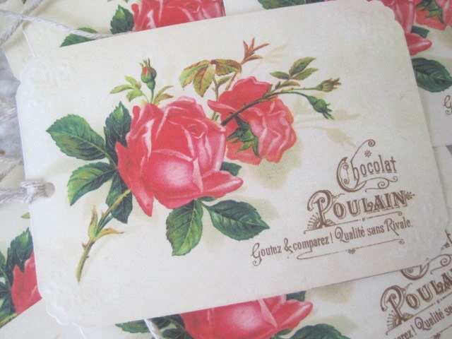 FRENCH FLORAL Gift Tags No 113 - Shabby - Vintage - Roses - Chocolat Poulain - Paris - French Market - Embossed - Buy 3 Get 1 Free