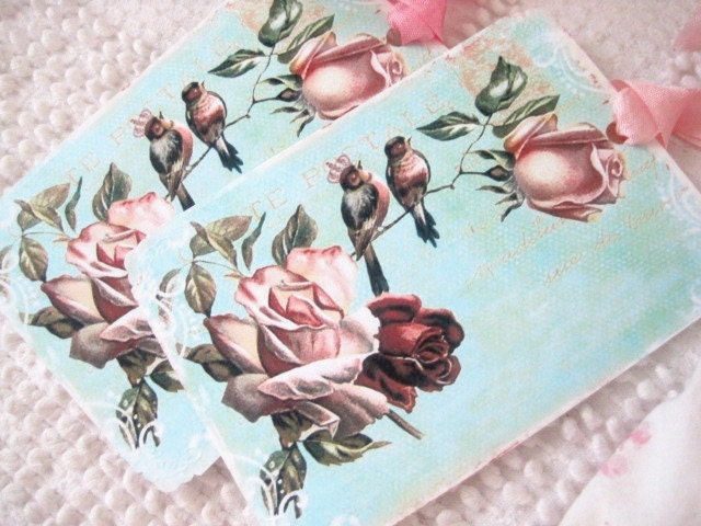 VINTAGE BIRD Gift Tags No 194 -  Shabby Chic - French Blue - Birds - Roses - Embossed - All Occasion - Large Size - Buy Three Get One Free