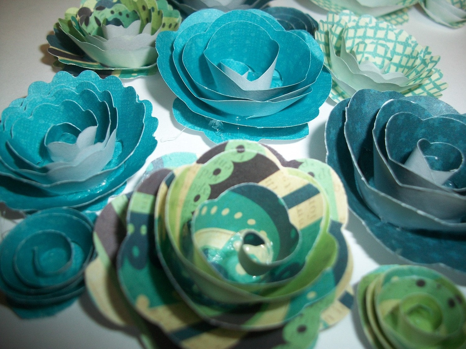 Sea Green, Teal, and Mixed Colored Handmade Spiral Paper Flowers