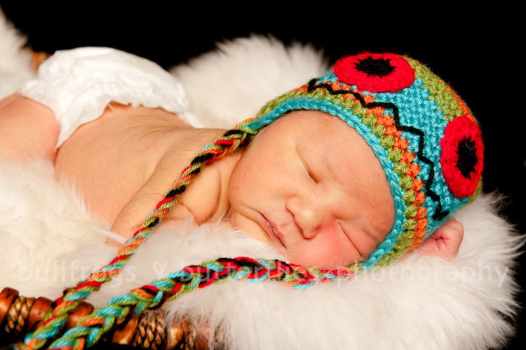 STRIPED LI'L MONSTER - Monster Hat with Earflaps & Braids - for Newborn/Baby/Toddler