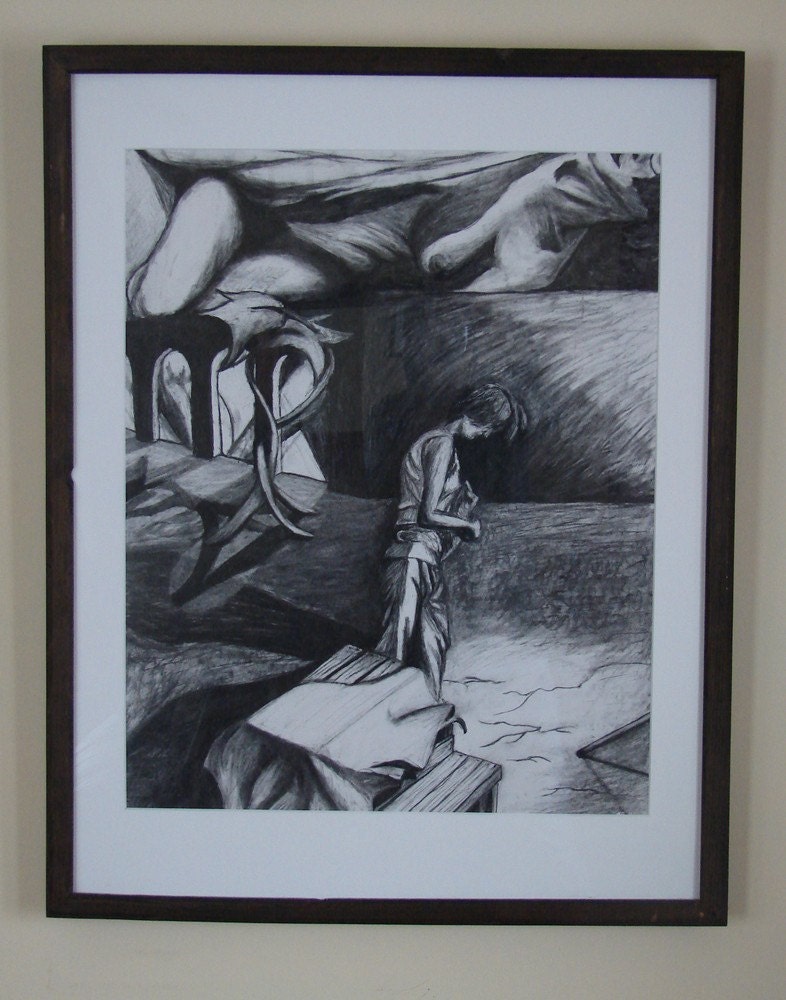 Origianl Charcoal Drawing "Study Of Sorrow, Table, Arches and Beauty"